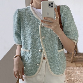 (ORDER) Áo khoác blazer cộc tay  vải Tweed mỏng màu xanh phối viền khuy cườm sang trọng công sở Korea