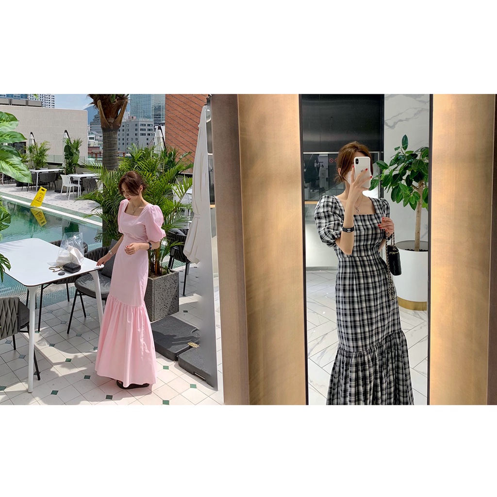 Đầm Đuôi Cá Tay Phồng Cổ Vuông Dài Ngang Hông Đuôi Cá Kẻ Sọc Ca Rô Cổ Vuông Tay Phồng Chất Lượng Cao Hàn Quốc