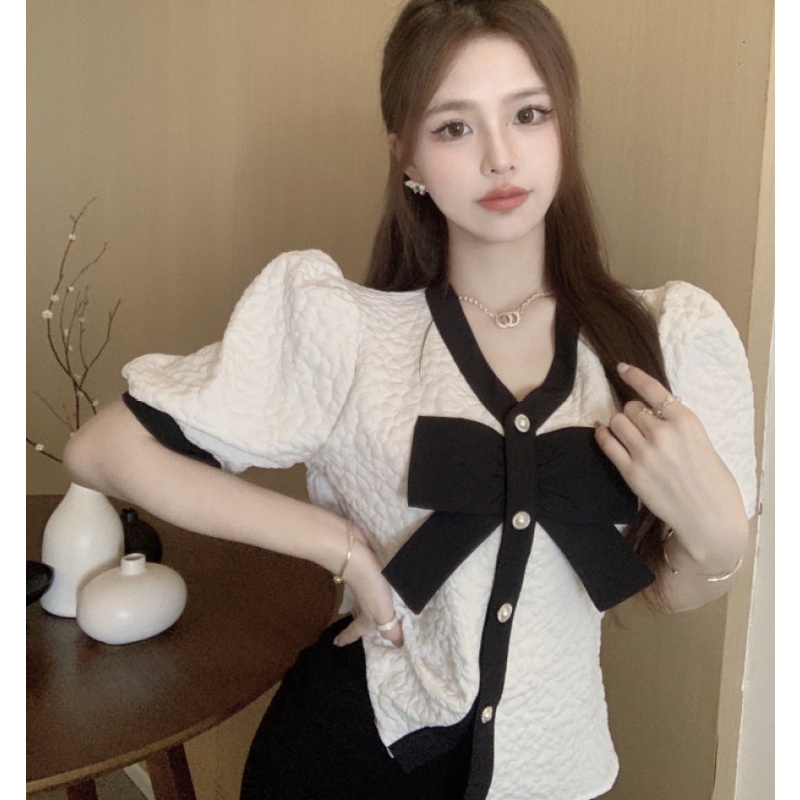 Áo Sơ Mi Cổ Chữ V Tay Phồng Đính Nơ Màu Tương Phản Thời Trang Mùa Hè Dễ Phối Đồ Dành Cho Nữ