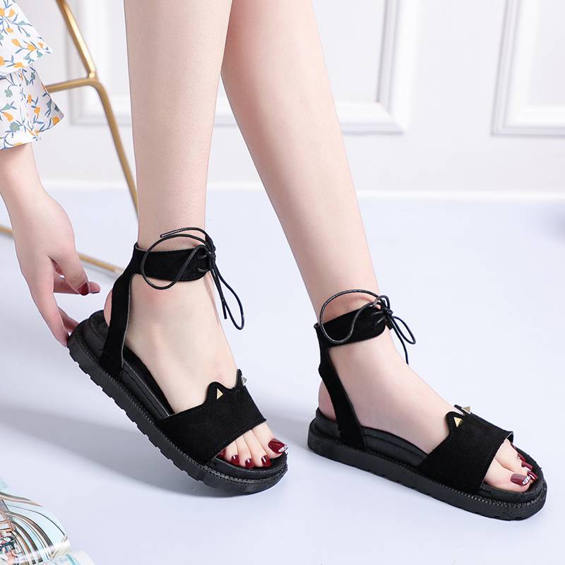 Giày Sandal Cột Dây Đính Tai Mèo Dễ Thương Phong Cách Hàn Quốc