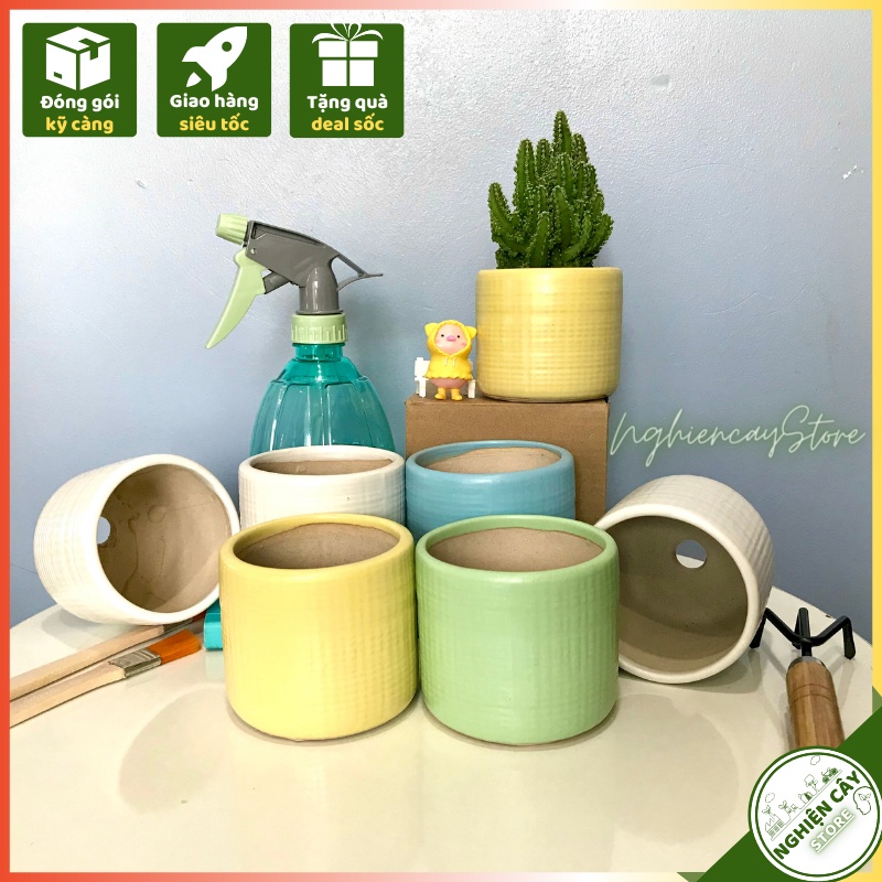 Chậu gốm mini hoạ tiết tăm trồng sen đá, xương rồng, cây cảnh để bàn