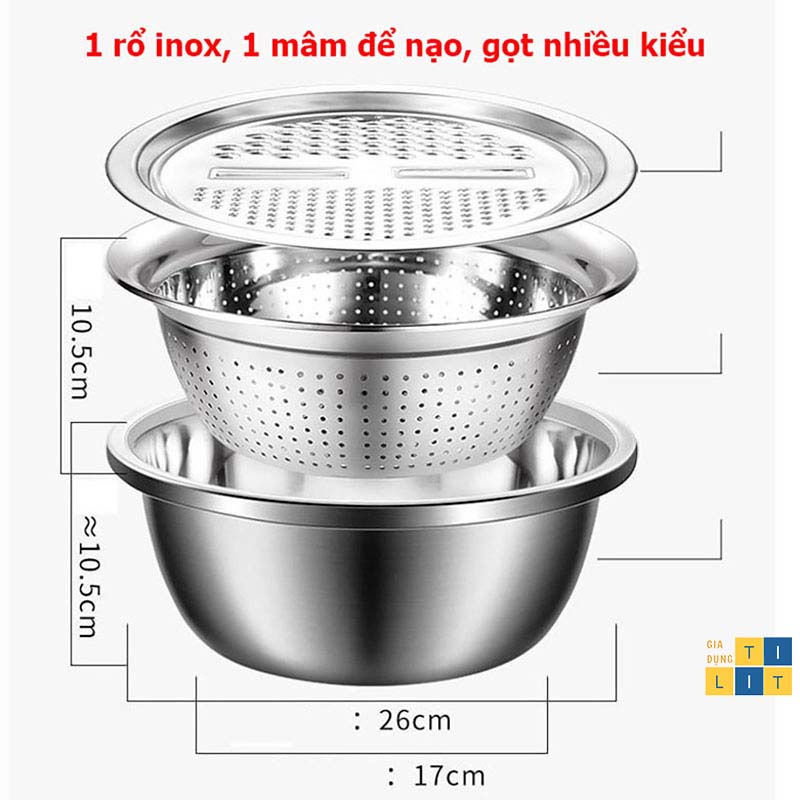 Bộ rổ và chậu inox kèm mâm nạo và gọt vỏ rau, củ, quả 3 trong 1 đa năng, tiện dụng, tiết kiệm [RỔ 3]