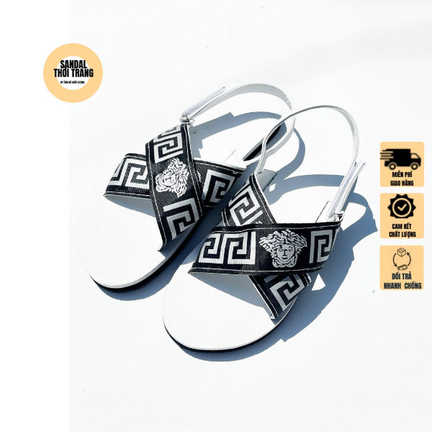 Dép quai hậu nữ nam, SANDALTHOITRANG đi Giày sandal nữ đi học quai chéo A9 thun cop Trắng/Đen full size 30-44