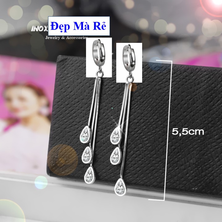 Bông tai nữ inox Thấy Là Thích kiểu bi tòn ten dây mì 3 giọt nước đính đá Zircon - Cam kết 1 đổi 1 nếu hoen , gỉ sét
