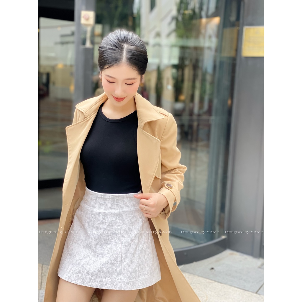 Áo khoác ngoài kaki Hàn cao cấp dáng dài qua gối màu nâu, hai lớp, có đai YAME YAK04 Garis