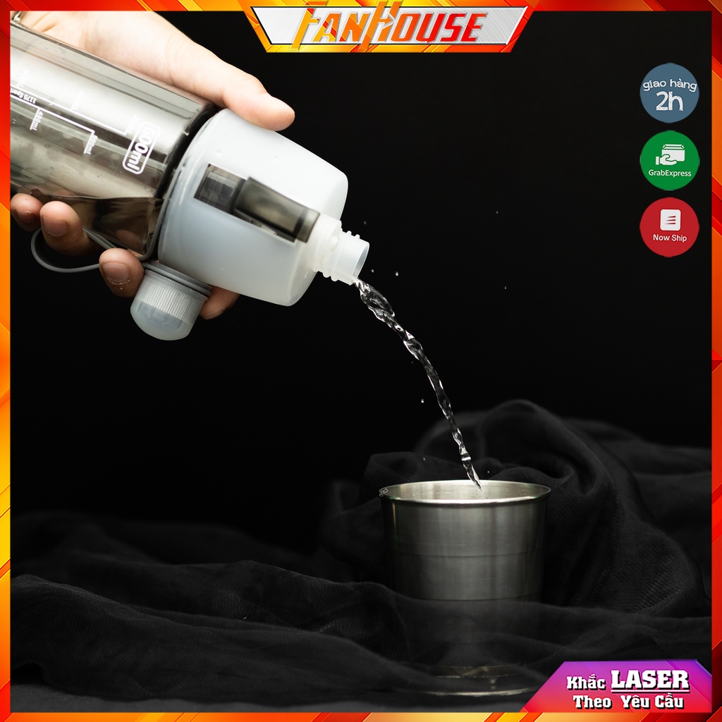 Bình nước thể thao xịt khoáng FanHouse bình nước đa năng Never Give Up 600ml chia vạch ml phun sương làm mát