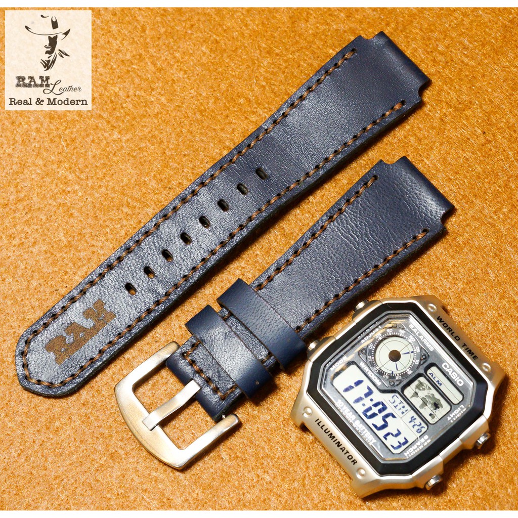 Dây Đồng Hồ Da Bò Thật Rất Đẹp Màu Xanh Navy - Ram 1993 Casio Ae1200/Seiko5 - Ram Leather