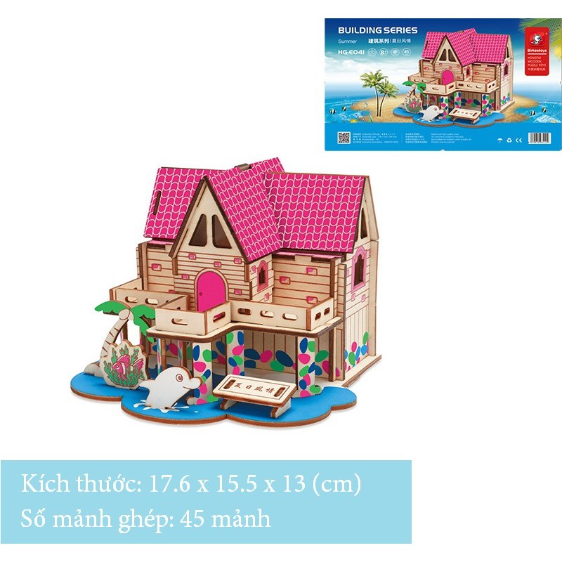 Đồ chơi lắp ghép gỗ 3D mô hình Villa chú cá heo nhỏ - 45 mảnh ghép