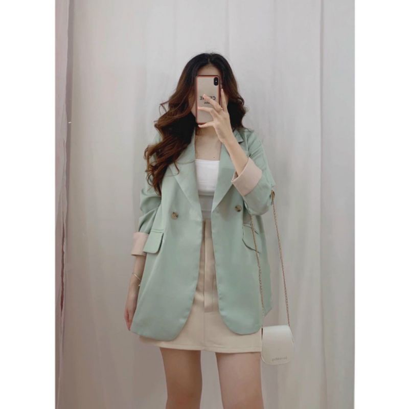 Áo Blazer Ms.1283 Áo Blazer Vest Tay Lật, Hai Cúc, Dáng Suông, Phối Túi Chéo, Chất Tuyết Mưa 1 Lớp
