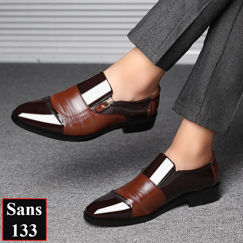 Giày tây nam đẹp Sans133 giầy da công sở cao cấp mũi tròn nâu đen bóng big size chân to bigsize cỡ lớn 43 44 45 46 47 48