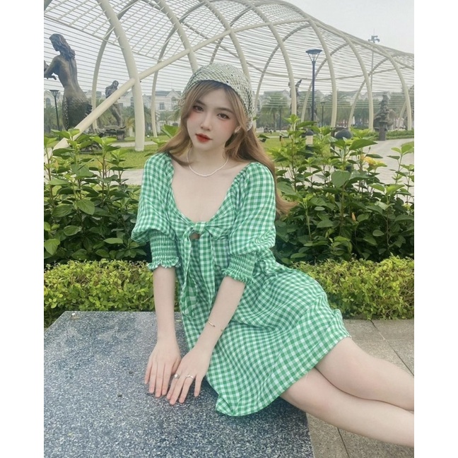 Váy Kẻ Chun Lưng Nơ Ngực Sexy Có Ảnh Thật Kèm Video