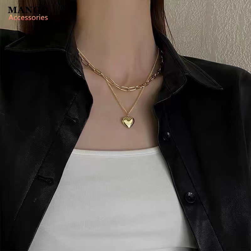 Dây Chuyền Sợi Xích Hai Lớp Mặt Hình Trái Tim Phong Cách Hip Hop Cho Nữ R127