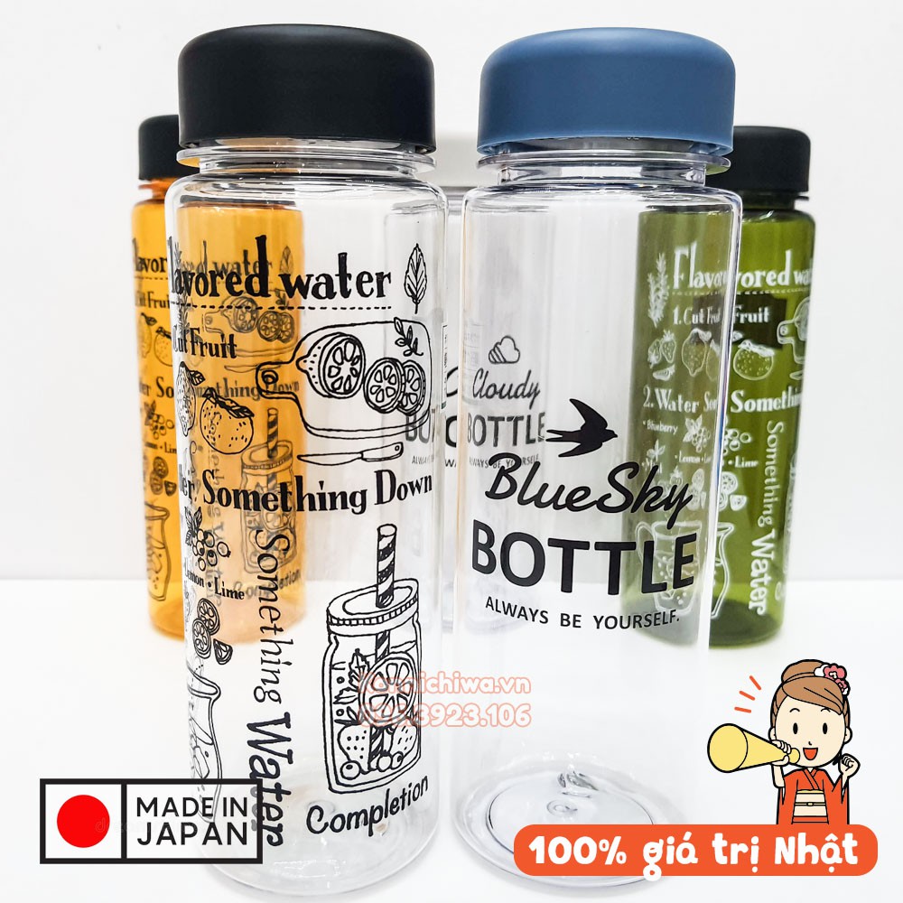 Bình đựng nước detox có khay lọc Takaya Nhật Bản 500ml | Chai nhựa cao cấp trong suốt họa tiết Flavored & Blue Sky