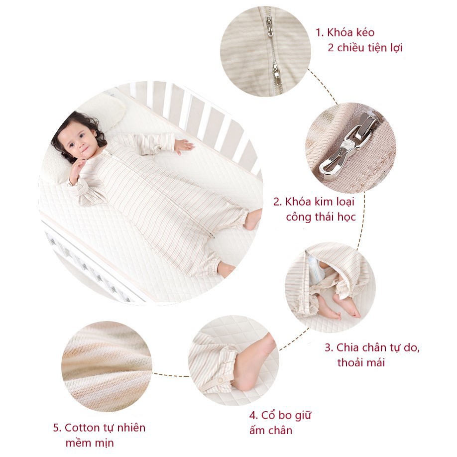 Túi Ngủ Body Dài Tay Cho Bé từ 0 đến 3 tuổi cotton tự nhiên mềm mịn - Túi ngủ thu đông