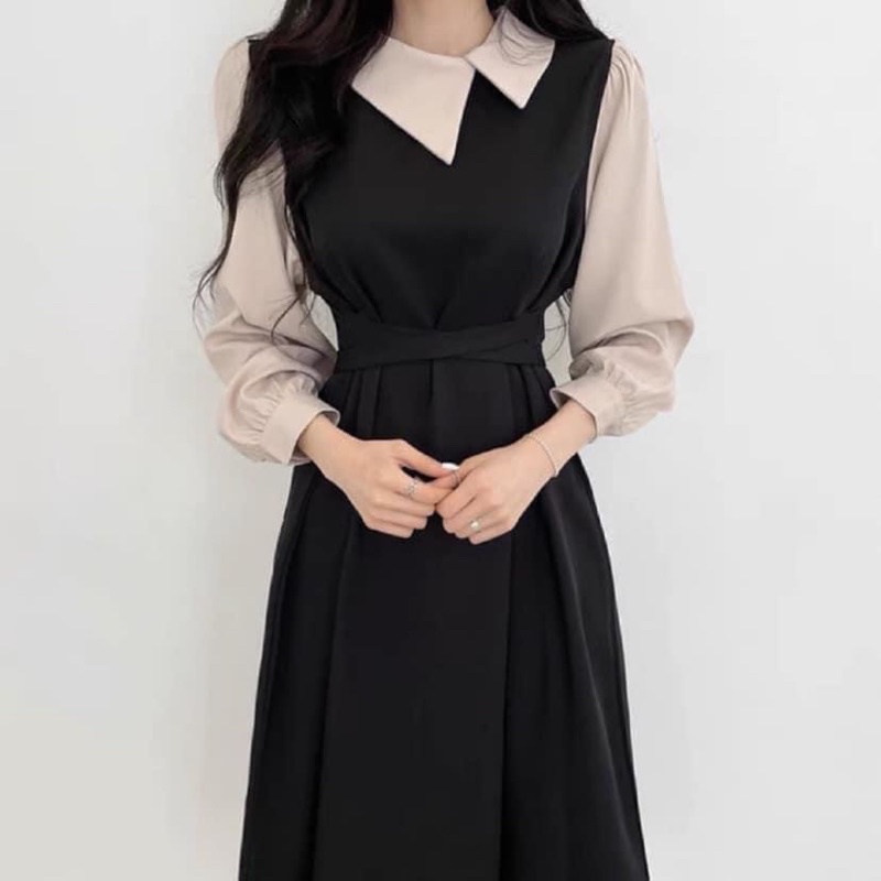 Váy thiết kế xuông có dây đai eo phối cổ lệch tiểu thư siêu xinh | BigBuy360 - bigbuy360.vn