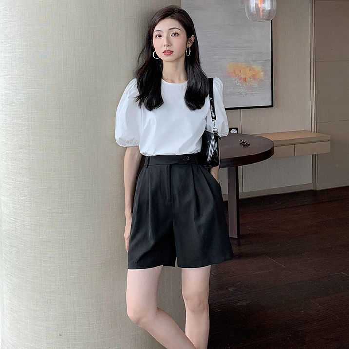 White Puff Sleeve French Style Retro Crew Neck Top for Women2020Summer Bottoming Shirt Short SleeveTT-shirt