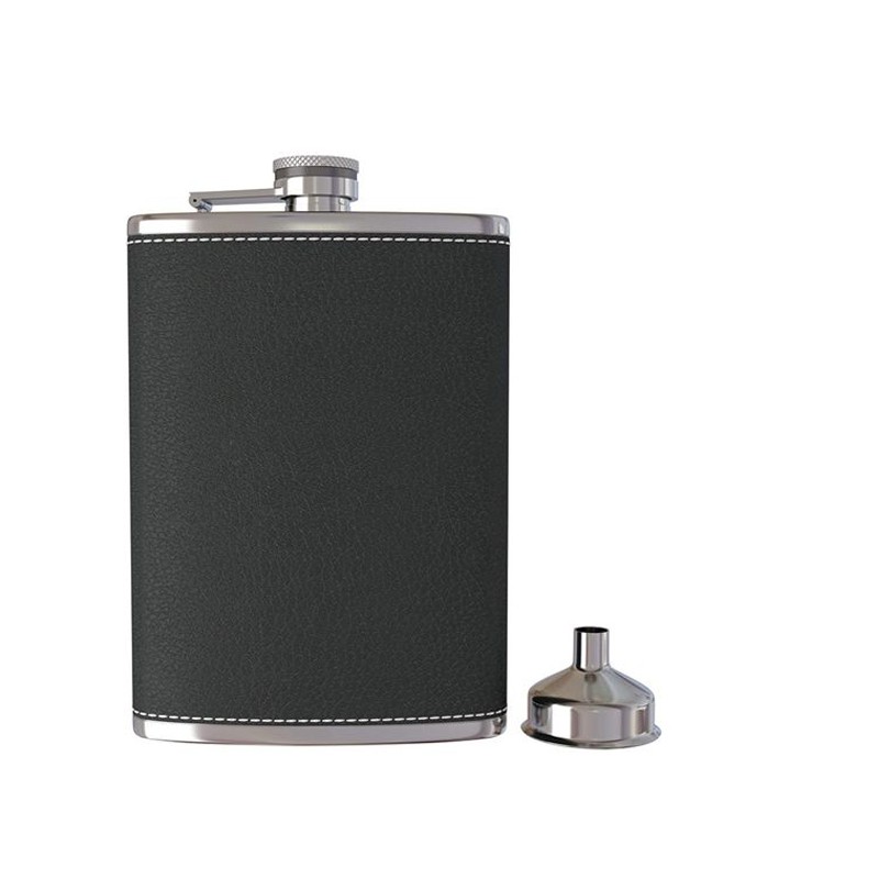 Chai rượu để túi bên hông inox 8 oz có phễu bọc da đen