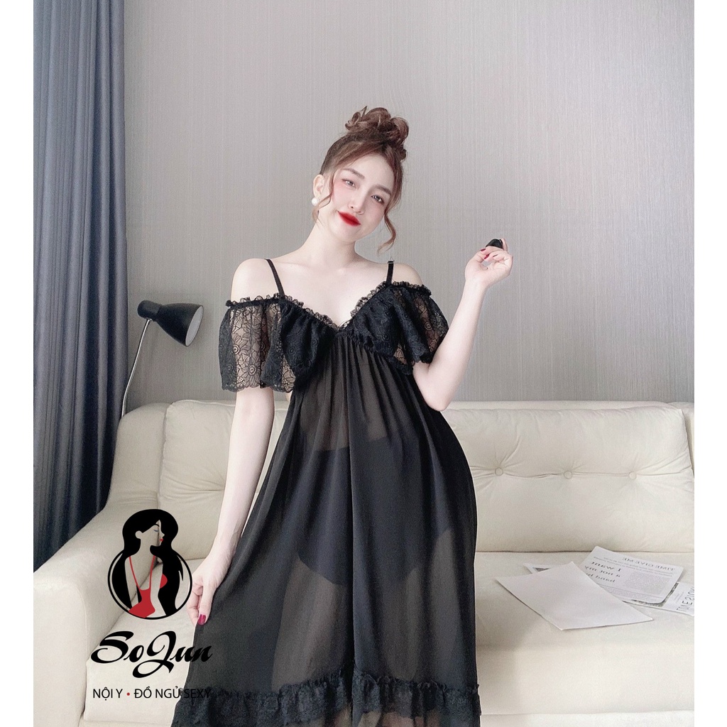 Váy ngủ sexy nữ SOJUN Váy ngủ chiffon bẹt vai + quần &lt;70kg