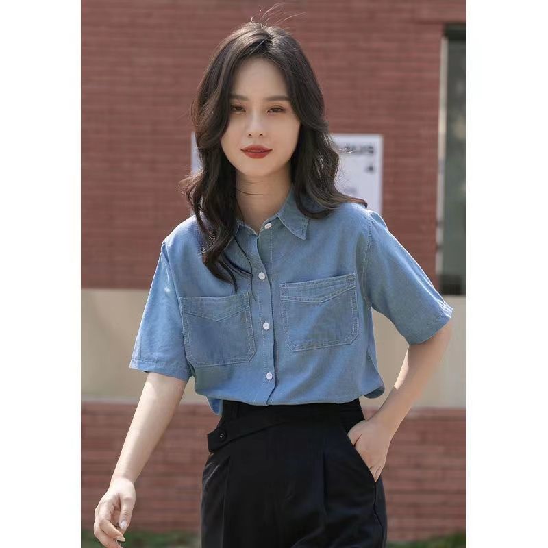 Áo Sơ Mi Denim Tay Ngắn Cổ Bẻ Dáng Rộng Phong Cách Hong Kong Thời Trang Mùa Hè Mới Cho Nữ