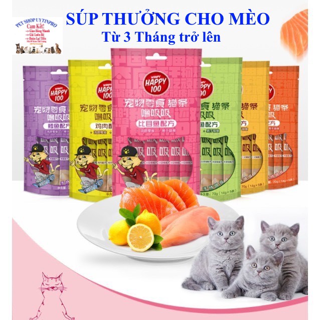 SÚP THƯỞNG CHO MÈO Wanpy Happy 100 Gói 70g gồm 5 tuýp Bổ sung dinh dưỡng Kích thích thèm ăn Dành cho mèo trên 3 tháng