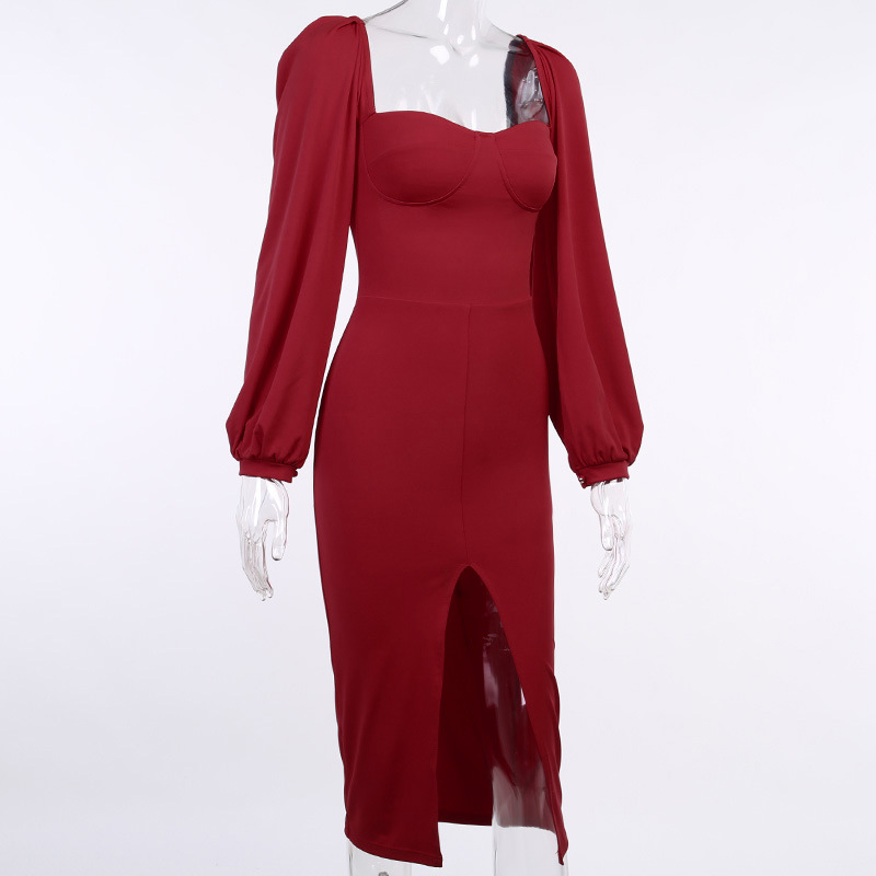 Fashion Women Slim Square Neck Plain Long Sleeve Split Party Elegant Midi Dress