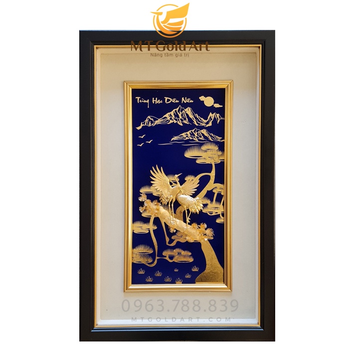 Tranh tùng hạc mạ vàng, dát vàng 24k (40x65cm) - Quà tặng sinh nhật, quà mừng thọ, quà tặng cha mẹ, quà tặng tân gia