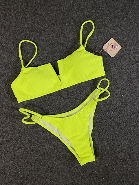 [BKN597] &lt;ÂU&gt; SET BIKINI CỔ V VẢI GÂN XANH NEON/CAM/HỒNG