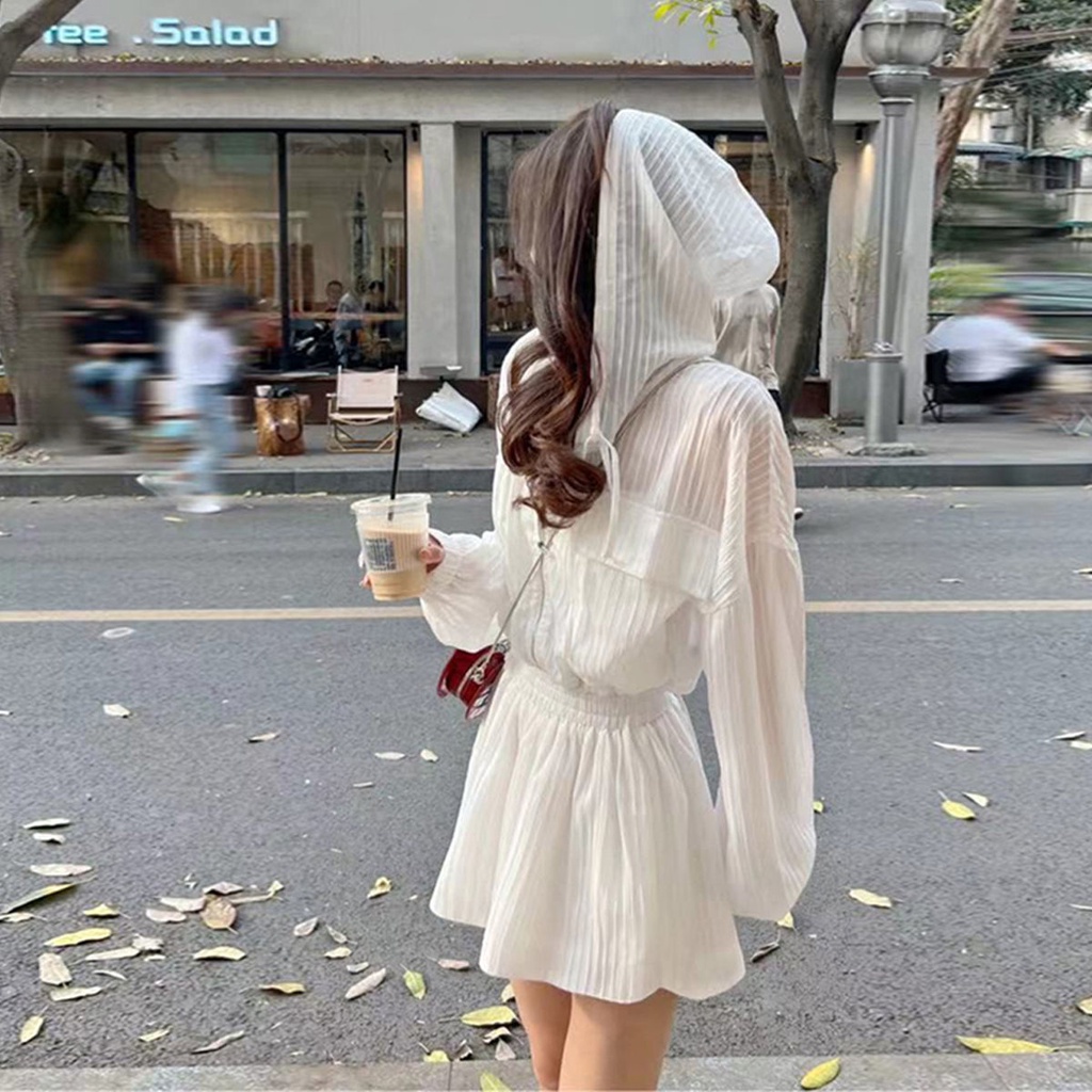 Bộ Áo Khoác Cardigan Có Nón Chống Nắng + Quần Ống Rộng Thời Trang Mùa Hè Cho Nữ L58U