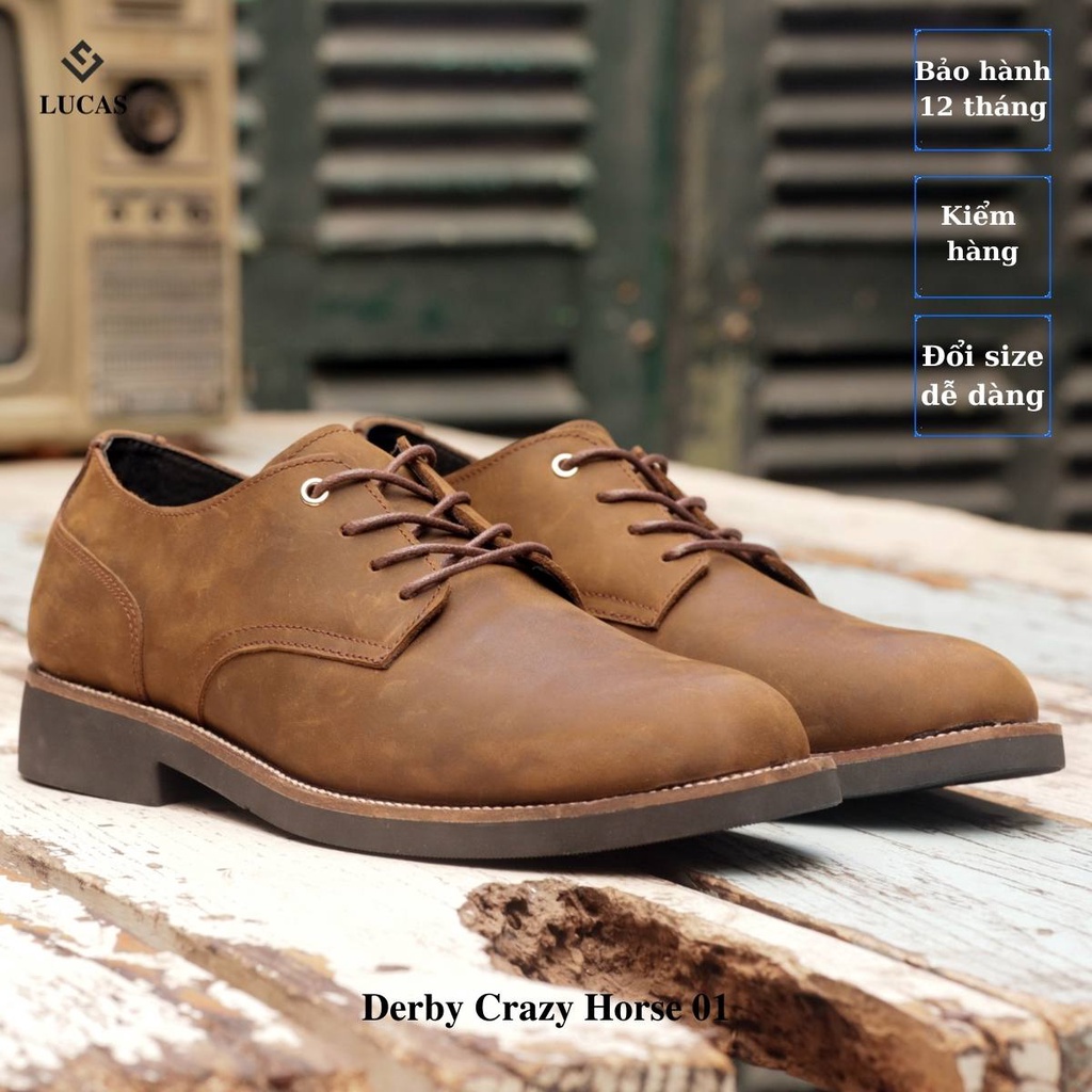 Giày da nam da bò sáp ngựa Derby Crazy Horse 01, phong cách bụi bặm, Lucas Shoes, bảo hành 1 năm