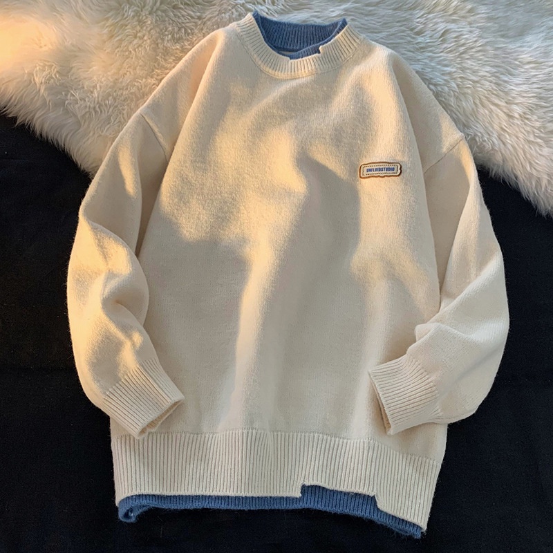 Áo Sweater Dệt Kim Cổ Tròn Giả Hai Lớp Màu Trơn Thời Trang Thu Đông Cho Nam
