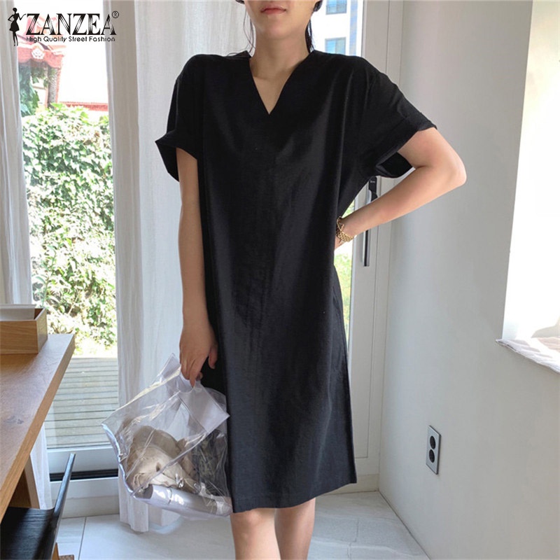 Đầm Midi Tay Ngắn Cổ Chữ V Màu Trơn Thời Trang Cho Nữ ZANZEA