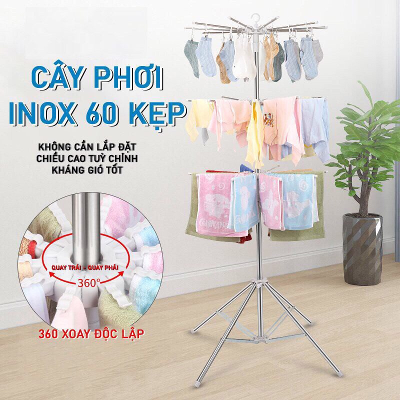 Cây sào phơi đồ inox thông minh gấp gọn đa năng 3 tầng 60 kẹp, treo đồ sơ sinh tiện dụng