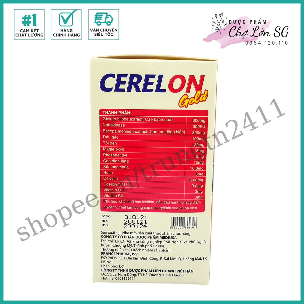 Viên uống bổ não CERELON GOLD giảm đau đầu, mất ngủ, hoa mắt chóng mặt  - Hộp 100 viên