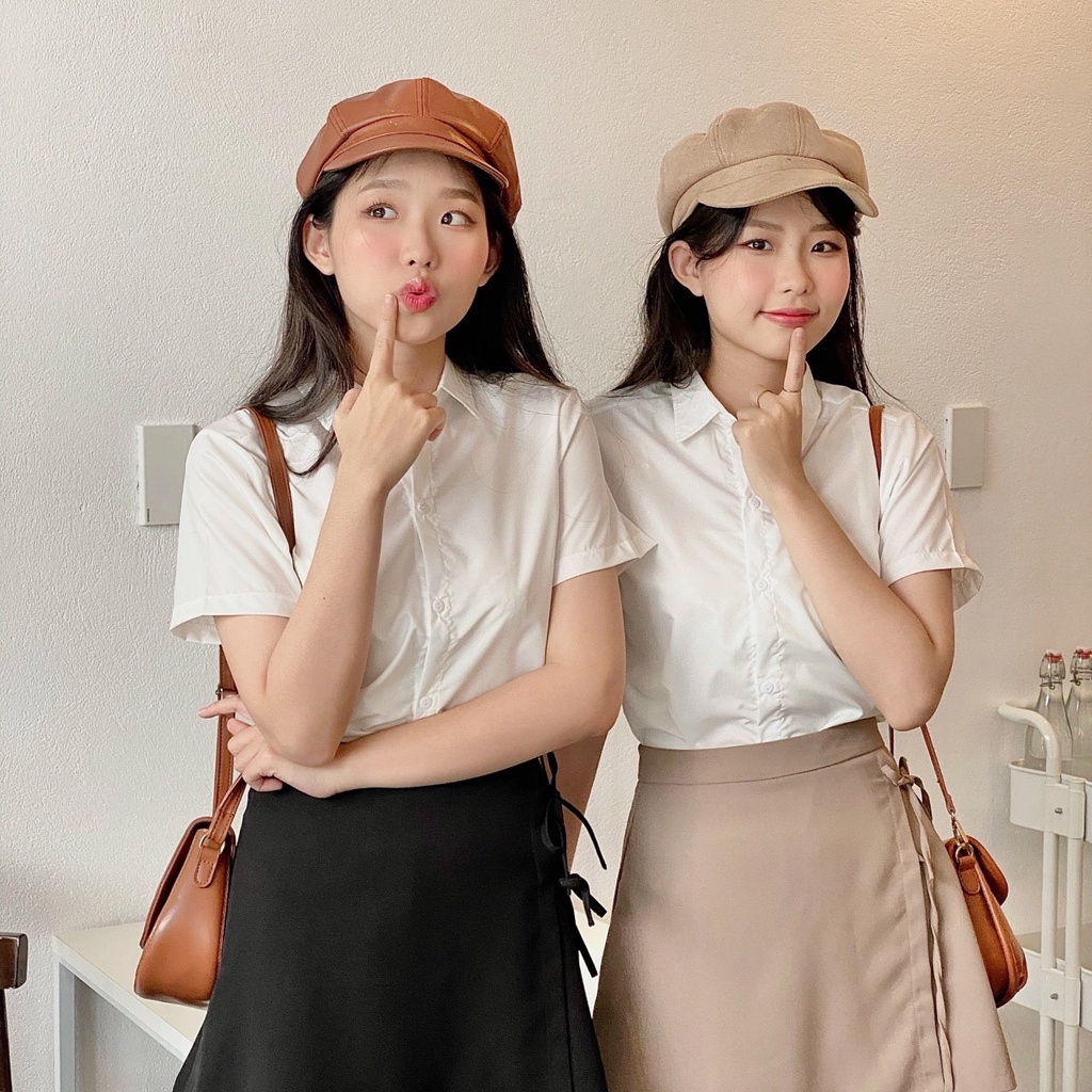 Áo sơ mi nữ tay ngắn FM Style form ôm basic mang đi học đi làm phong cách Ulzzang thời trang 220211001