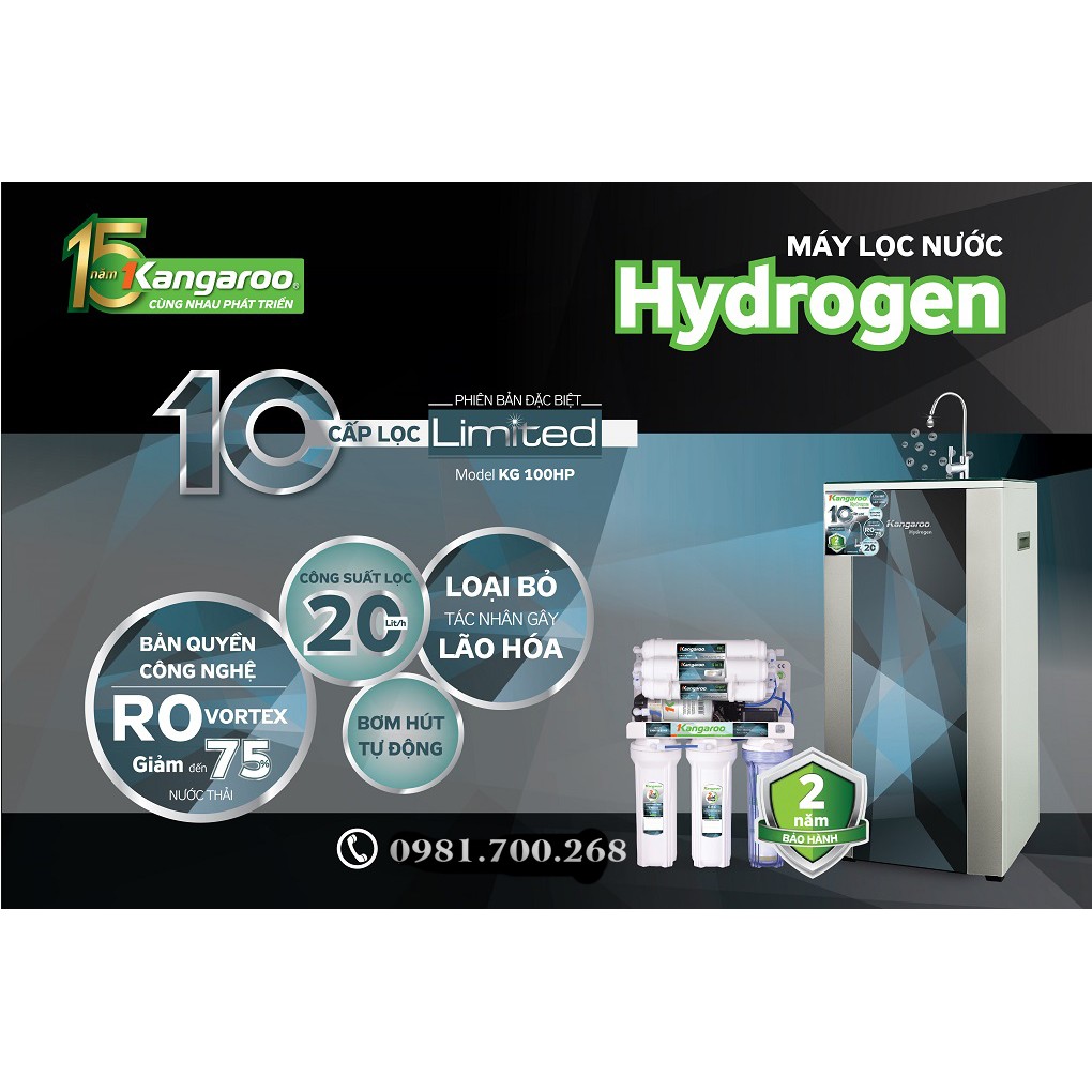 SIÊU PHẨM Máy lọc nước Hydrogen Plus Kangaroo KG100HP VTU- Công nghệ RO Vortex  siêu tiết kiệm nước - Bảo hành tới 2 năm