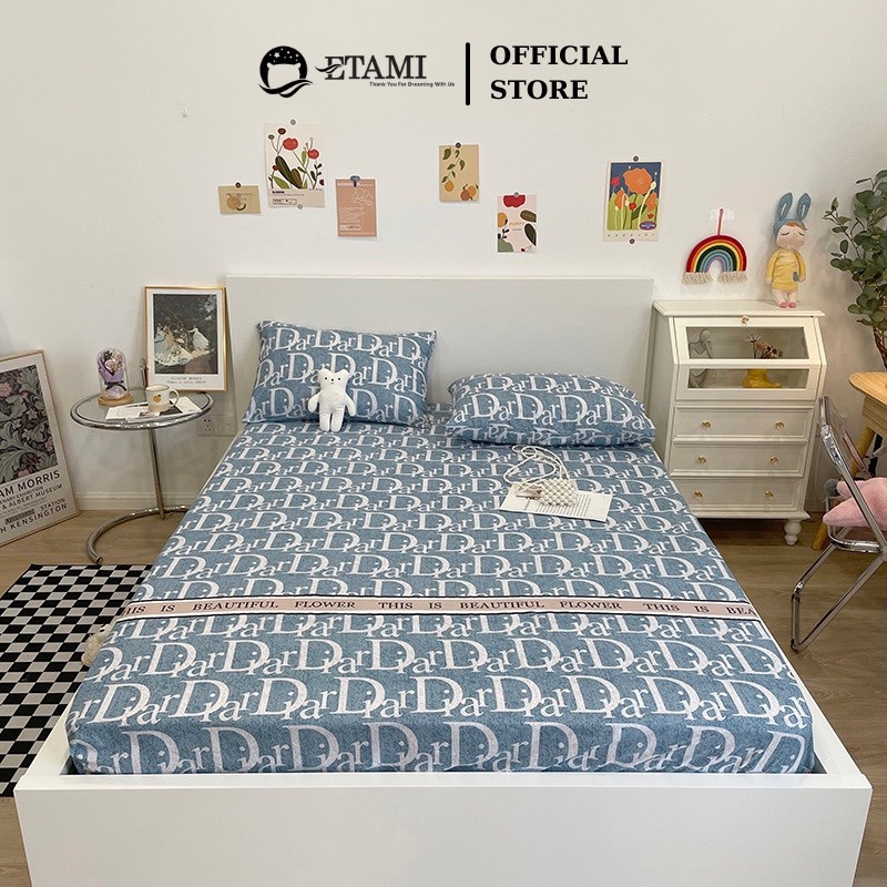 Bộ ga gối ETAMI drap giường cotton poly 5D, ga trải giường + 2 vỏ gối nằm màu dioor xanh
