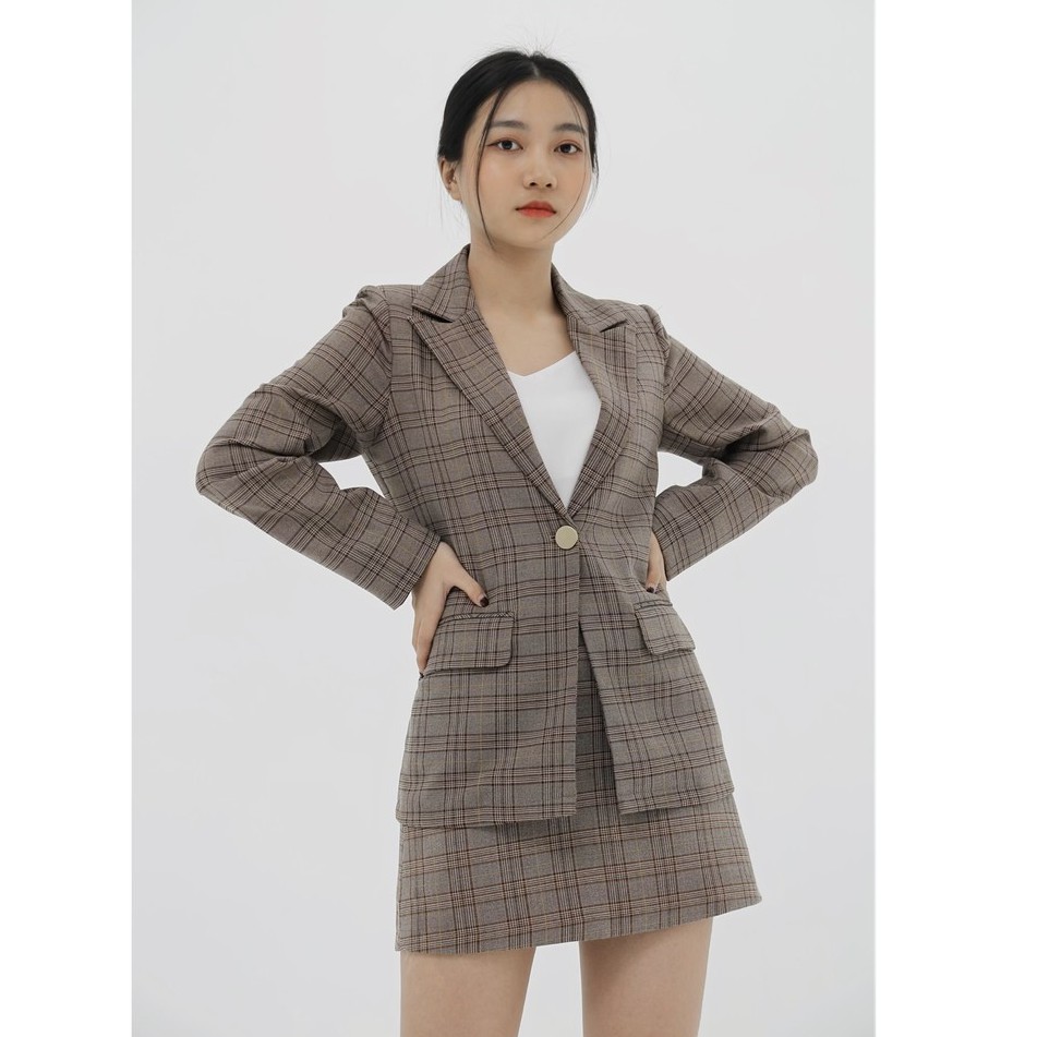 Áo vest blazer nữ KHÀN màu caro nâu kẻ vàng áo khoác công sở tay dài 1 lớp phong cách Hàn Quốc