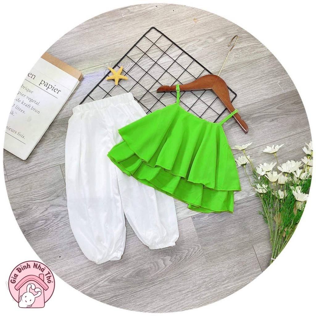 Set bộ áo hai dây voan tơ quần ngố bo chun mát cho bé gái ở nhà đi chơi
