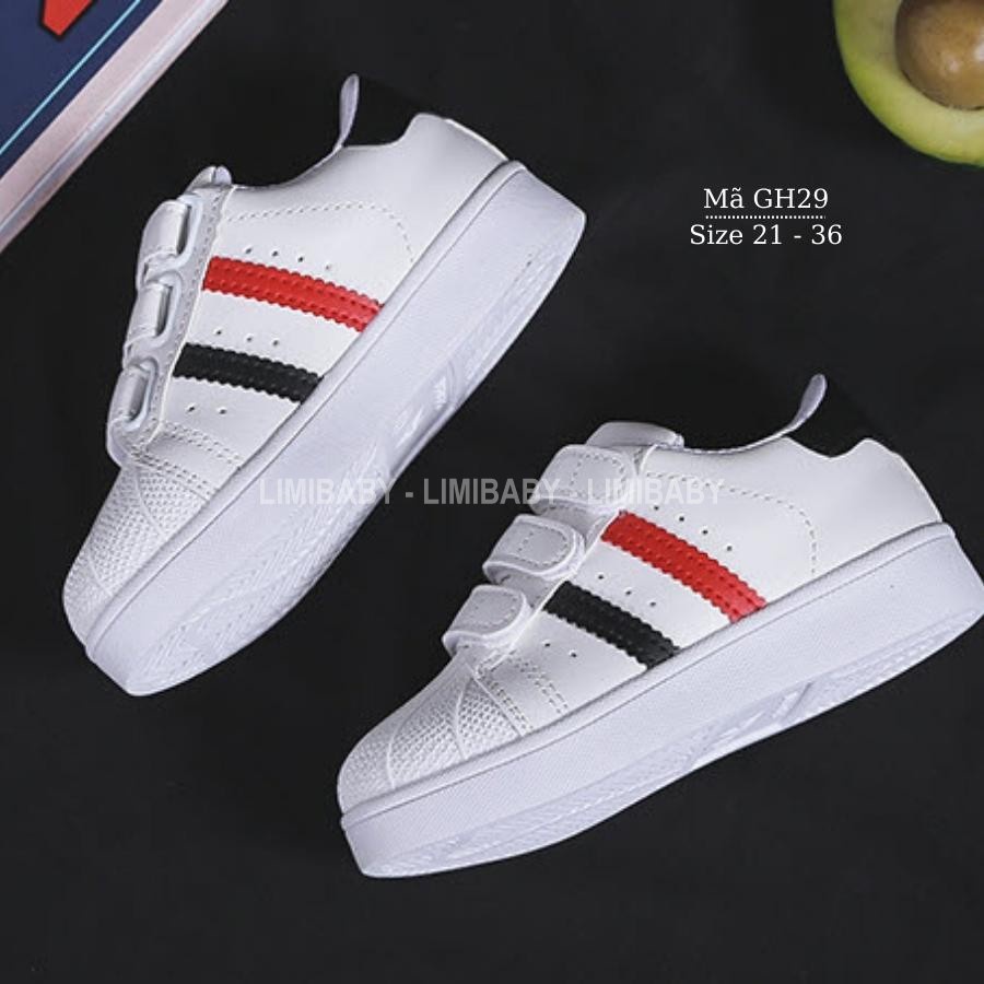 Giày trẻ em LIMIBABY, giày thể thao cho bé trai bé gái trắng 2 sọc đen đỏ đi học đi chơi 1 đến 10 tuổi cá tính GH29