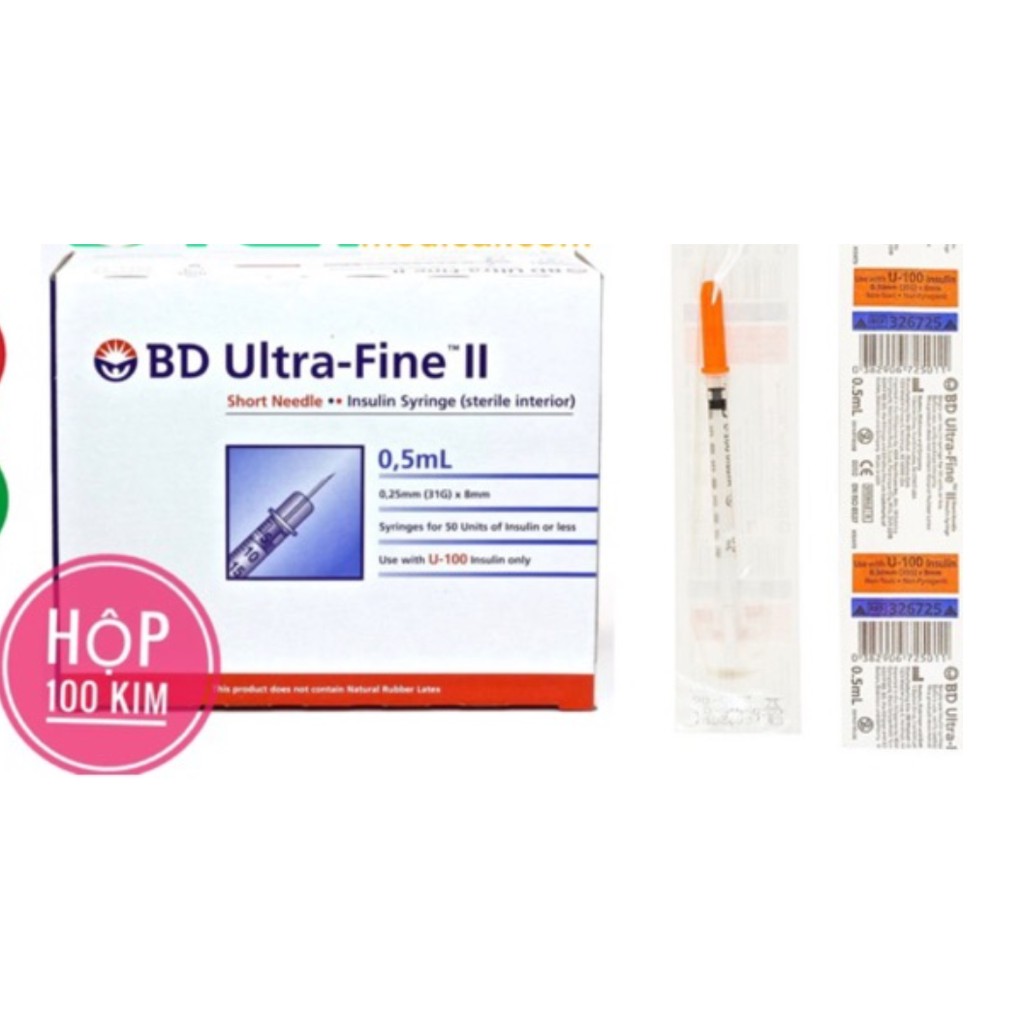 ✅ Hộp 100 cây bơm kim tiêm Insulin 0.5 mL BD ULTRA - FINE II SHORT NEEDLE 0.5ML/U100  đái tháo đường