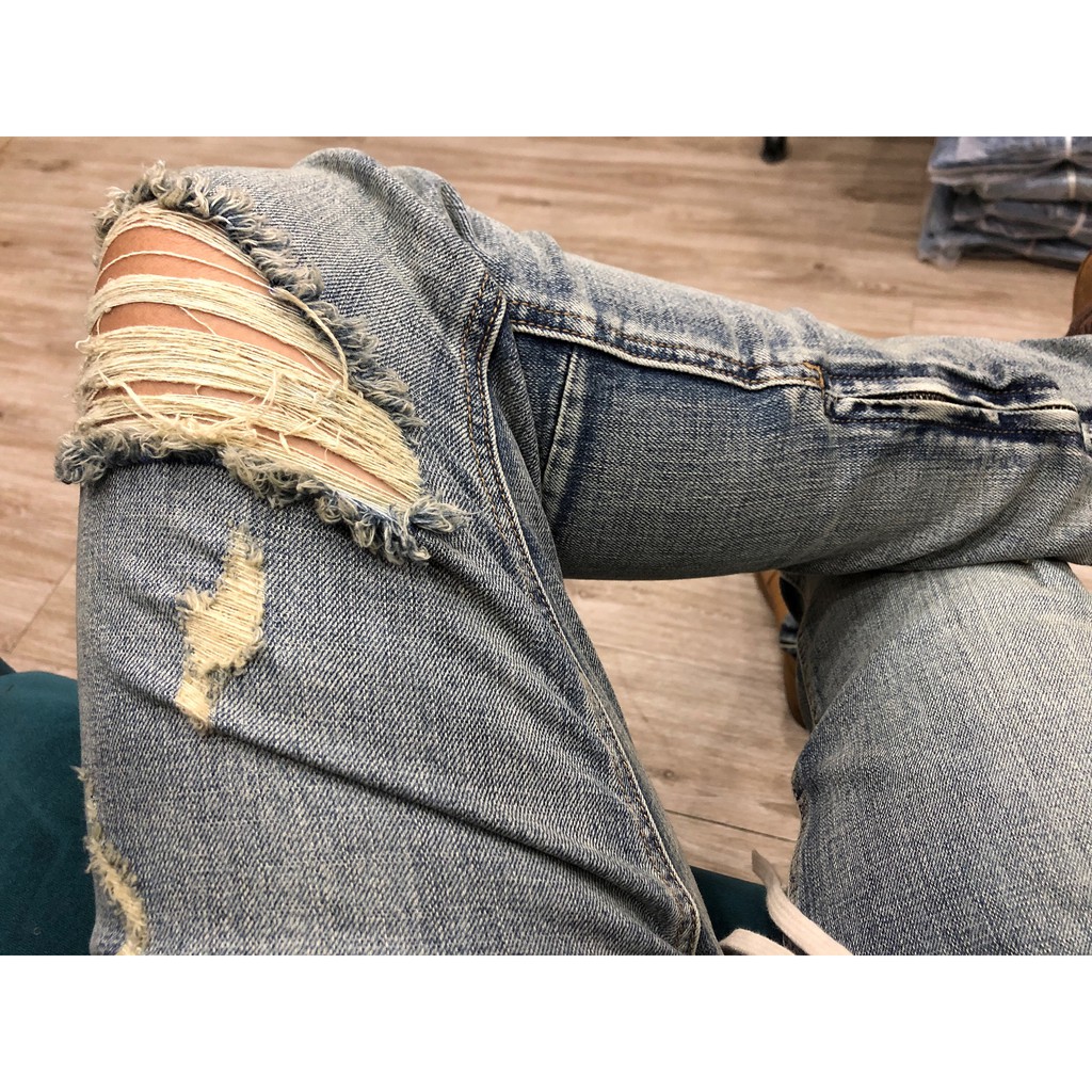 [Hình Chụp tại shop] Quần jean zipper rách gối Foxseventy màu wash bụi dáng ôm skinny