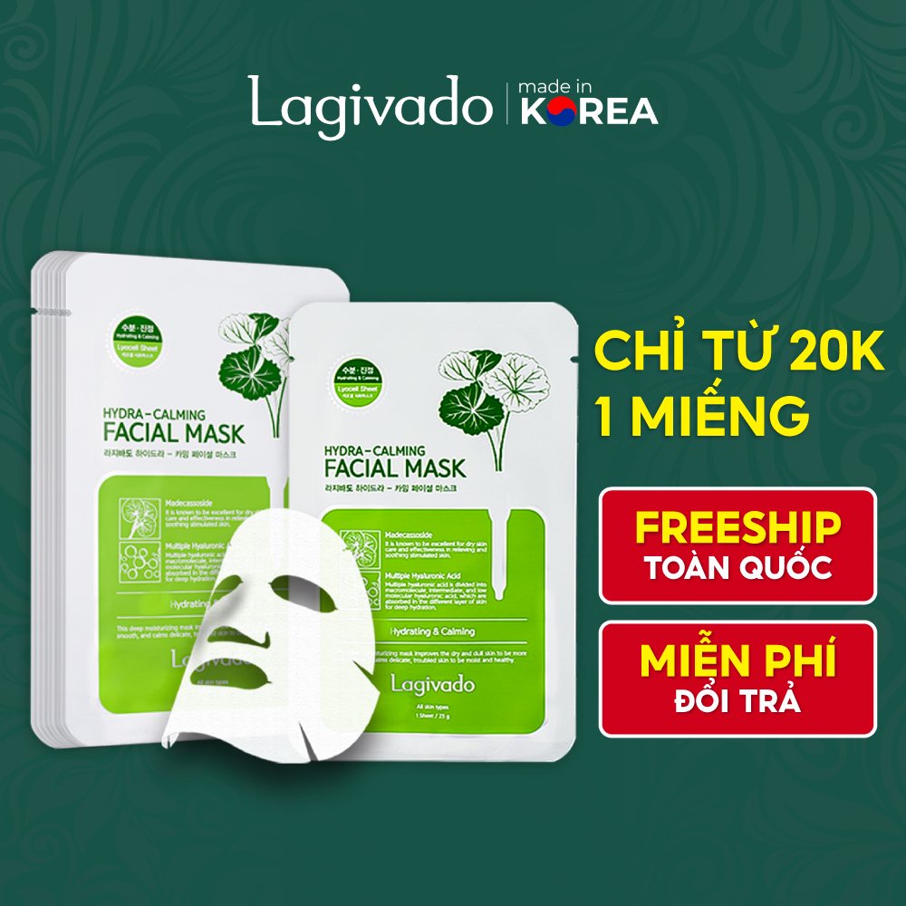 Facial Mask Lagivado - Mặt nạ giấy dưỡng da giảm dầu và mụn rau má Hàn Quốc 23g/miếng - Combo 10