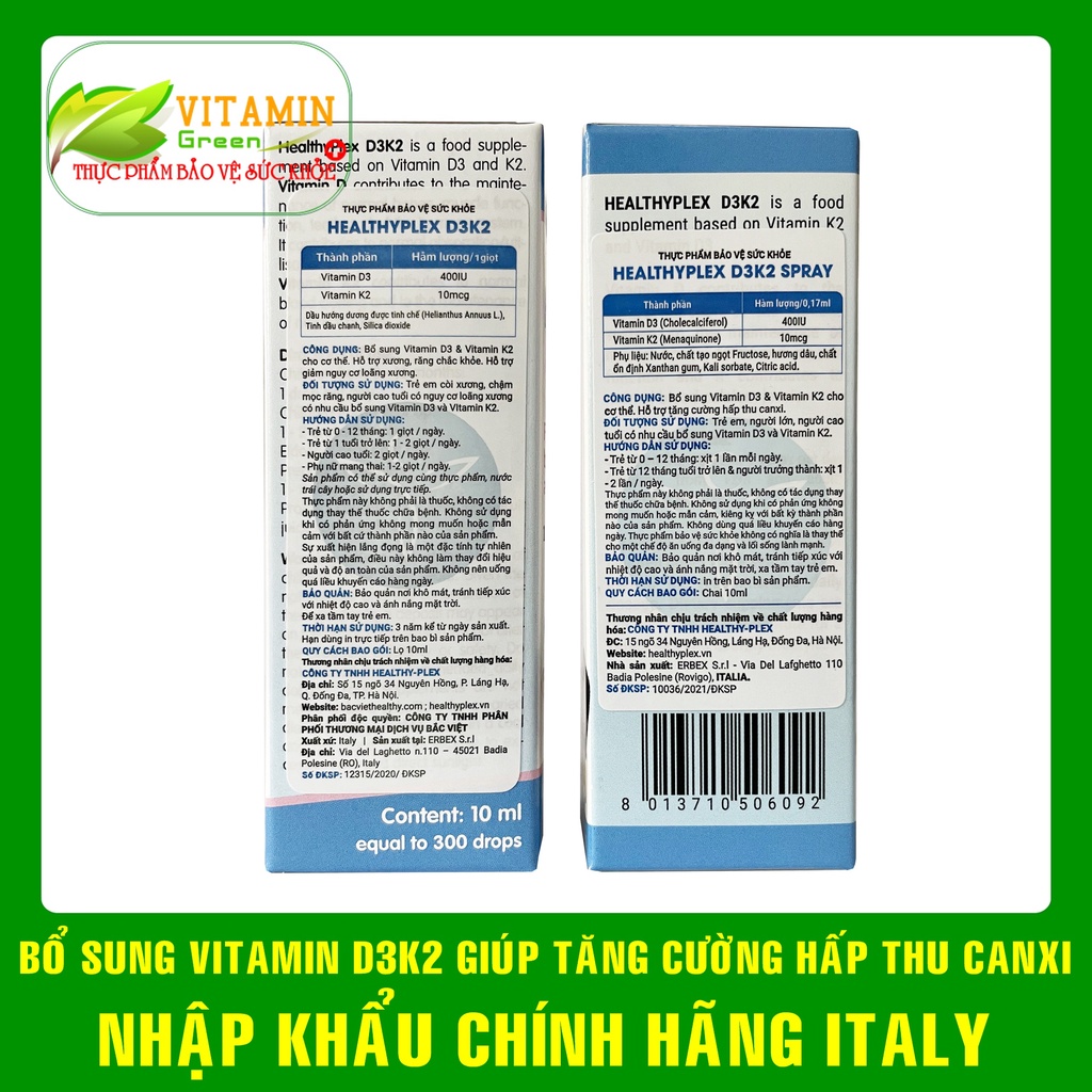 HealthyPlex D3 K2 Vitamin D3 K2 cho bé dạng nhỏ giọt và xịt (lọ 10ml) | Nhập khẩu chính hãng Italy