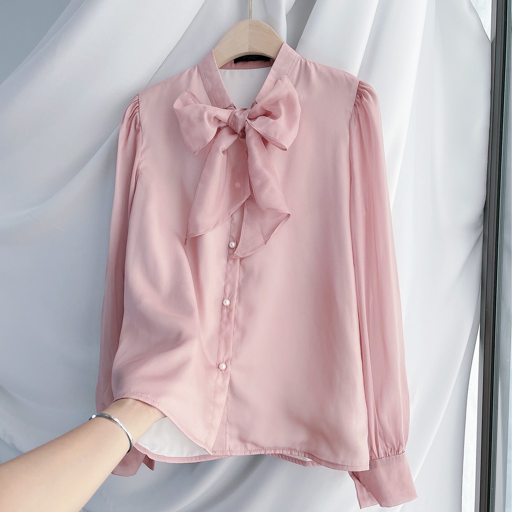 [Mã SKAMFSW175 giảm 10K đơn 50K] Áo sơ mi nữ cách điệu tơ nơ cổ 3 màu trơn công sở V537 KYMIE