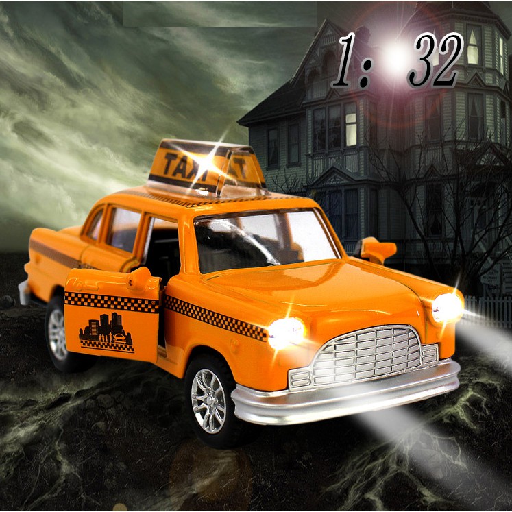 Mô hình xe ô tô taxi mini 1:36 bằng kim loại đồ chơi trẻ em có nhạcvà đèn sáng mở được cửa xe