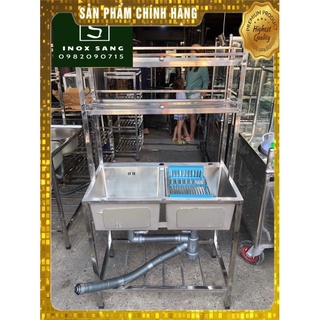 Bồn rửa chén inox sus304 2 hộc có chân và kệ, đầy đủ phụ kiện