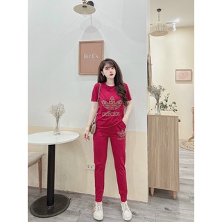 Đồ bộ dài thun cotton đính đá ba lá (2 màu đen, đỏ)
