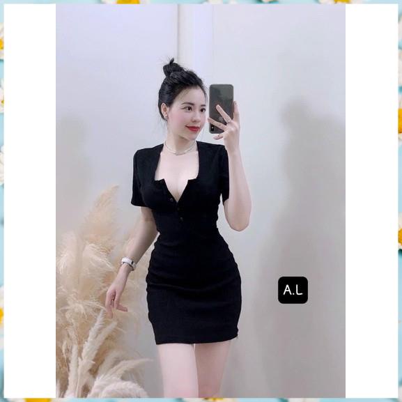 Váy Body vải chun, Đầm ôm Body Dáng Ngắn Cúc Ngực Mềm Siêu Tôn Dáng
