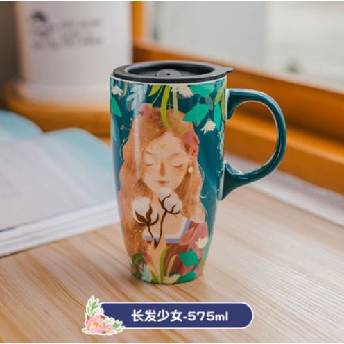Cốc sứ dung tích lớn 575ml kèm nắp đậy chống đổ bằng nhựa văn phòng dễ thương
