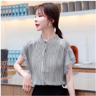 Áo Sơ Mi Nữ Tay Ngắn Dáng Rộng Kẻ Sọc Vải Chiffon Kiểu Hàn Quốc